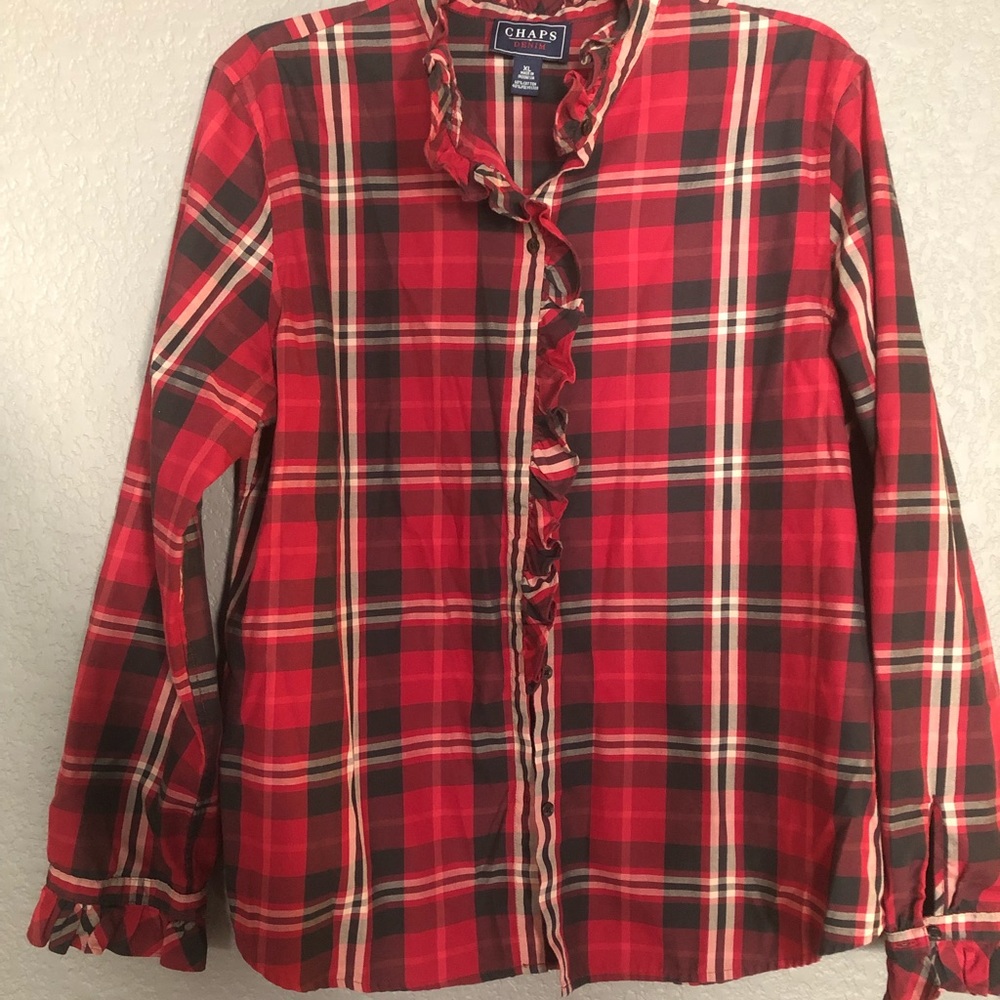 Red plaid Chaps ruffled button up